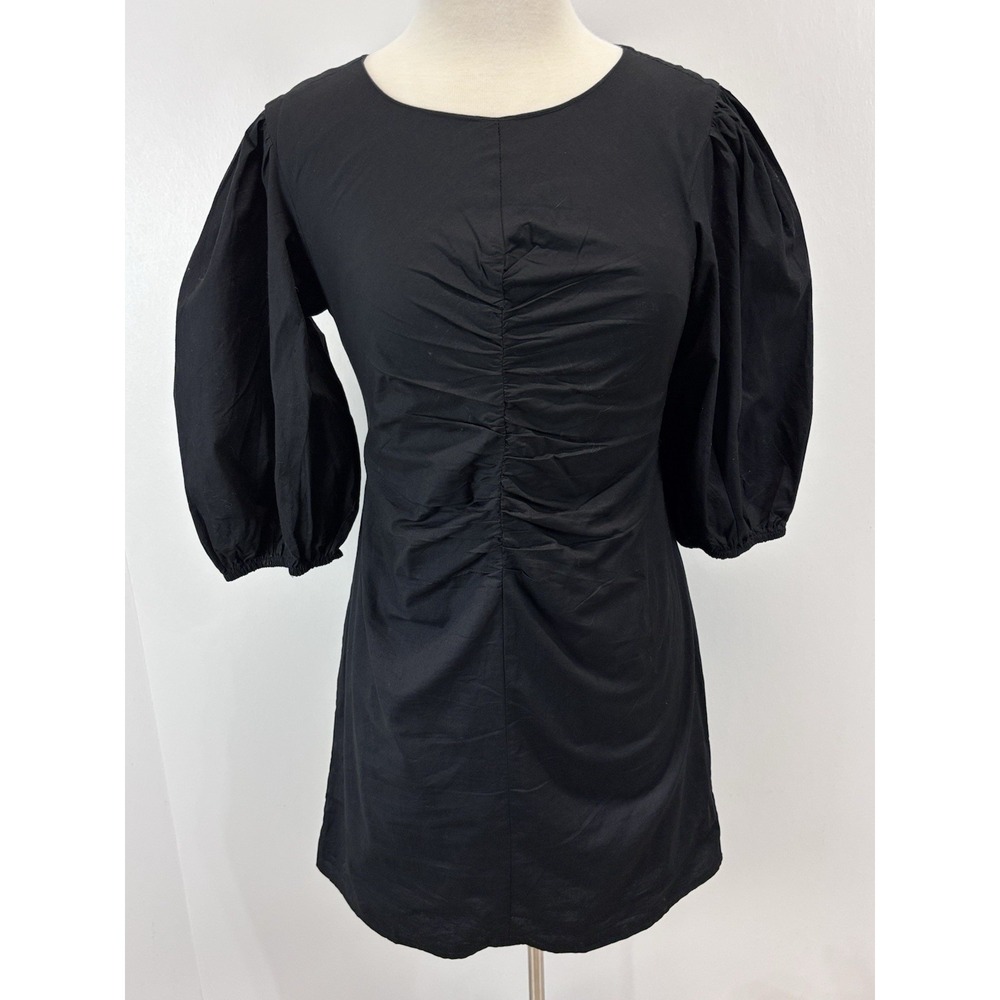 Free People Hope Mini Dress Sz Small Women's Black Puff Sleeve Ruched Fitted